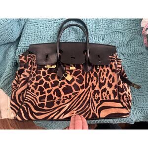 UNWORN VINTAGE ANIMAL PRINT PONYHAIR CALF HAIR LEATHER BIRKIN STYLE BAG ITALY